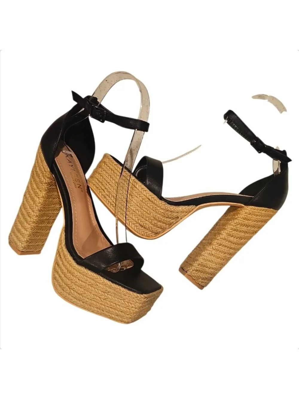 Black Platform High Heel Sandals With Woven Straw Sole & Ankle Strap Heel Chic